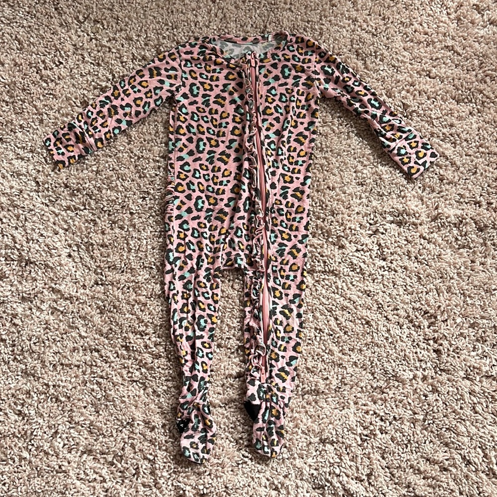 Posh Peanut Multicolored Leopard Footie Ruffled Zippered One Piece